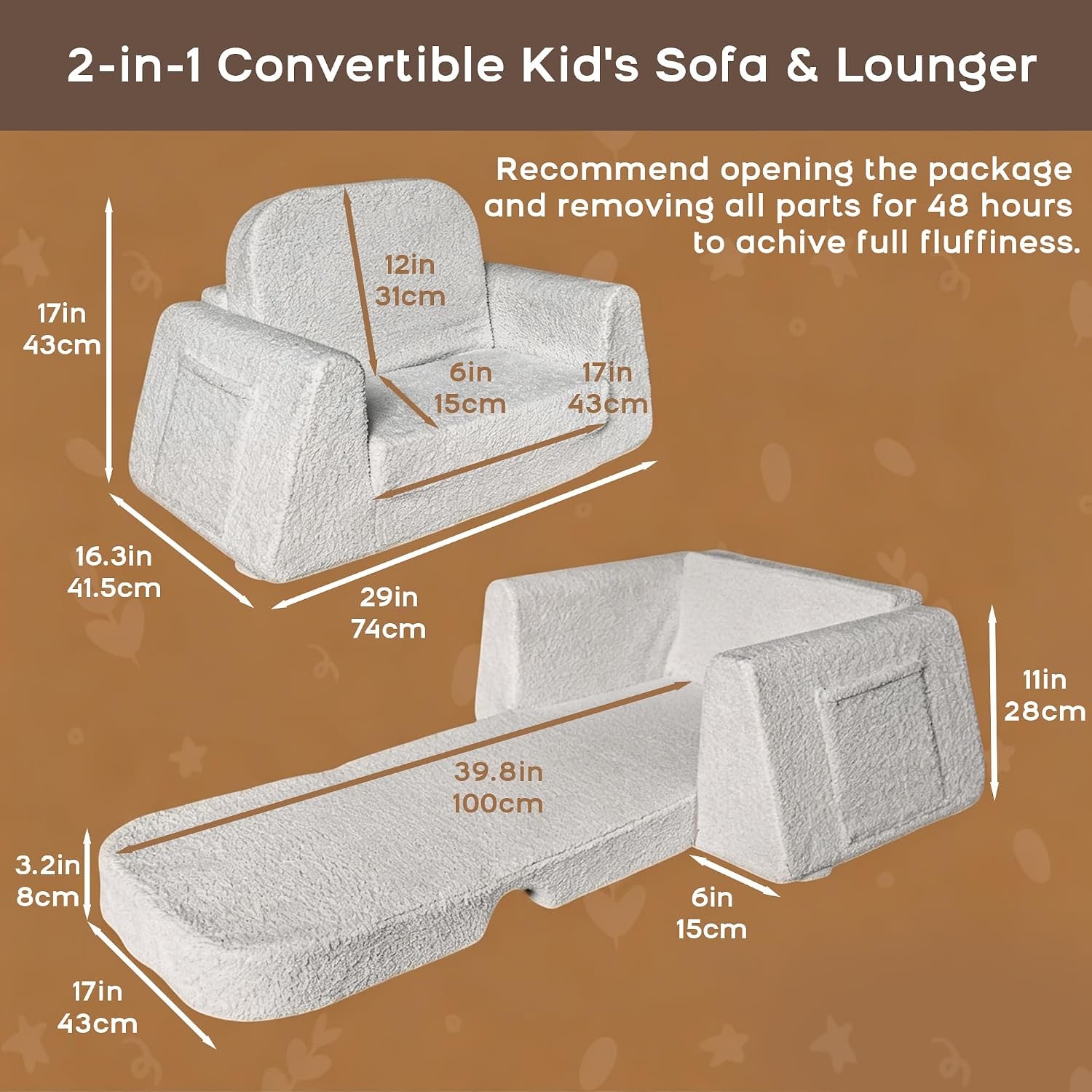 Kids Sofa Bed 2 in 1 Convertible Sherpa Armchair, detail view