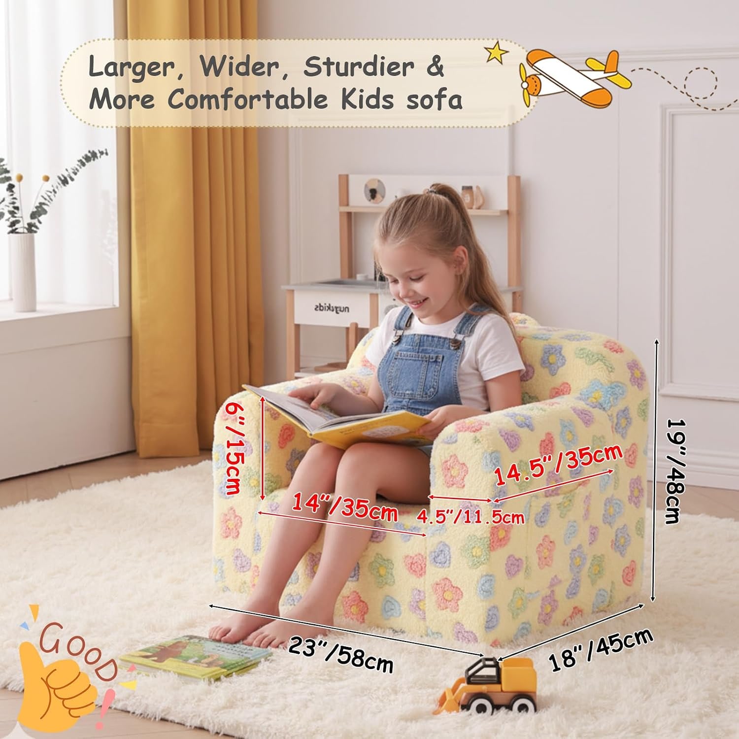Plush Kids Sofa Chair, White Flower, detail view
